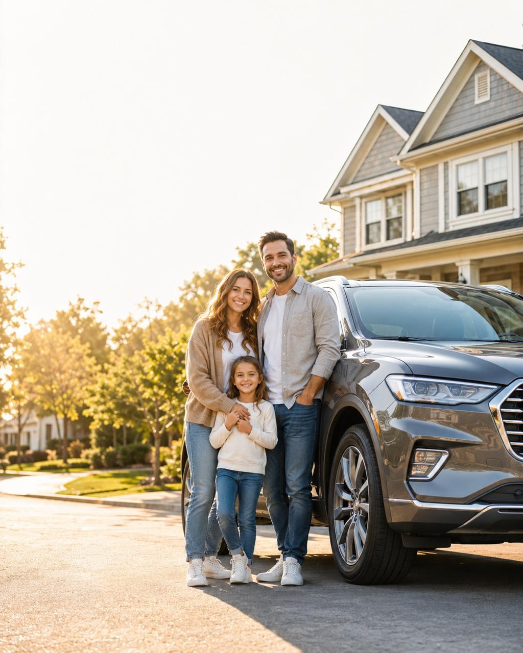 Family standing beside their SUV in a residential neighborhood