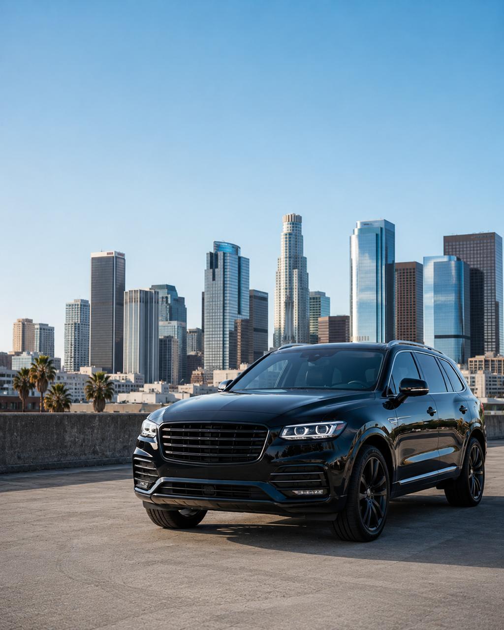 Black SUV parked in front of the Los Angeles skyline