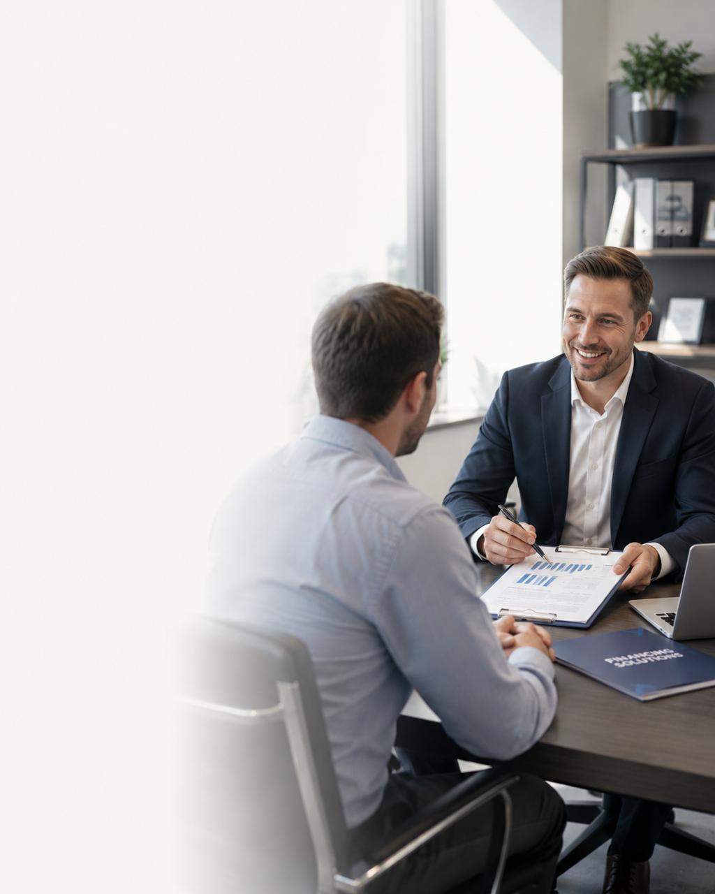 Advisor and vehicle owner reviewing documents at a desk