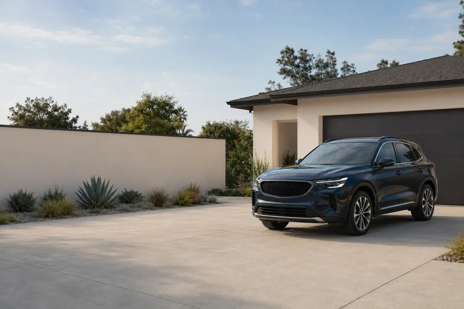 A dark midsize SUV parked outside a California residence